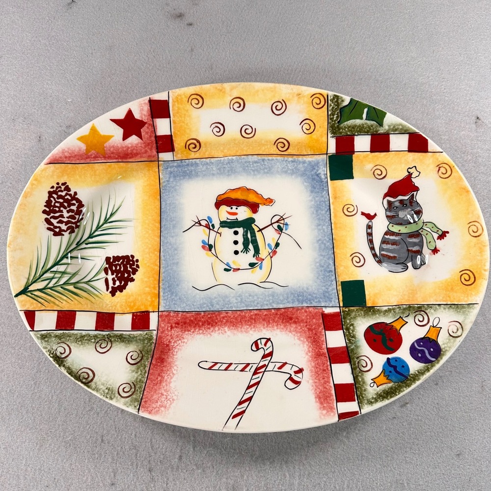 Pfaltzgraff Holiday Magic Oval Serving Platter Snowman Cat Christmas 599-016-00